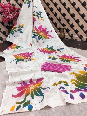 Kims Lifestyle Digital Print Ikkat Cotton Linen Saree(White)