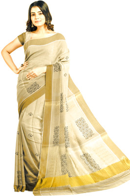 BRINDAVAN CREATIONS Embroidered Kasavu Cotton Blend Saree(Gold)
