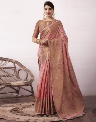 Samah Woven, Self Design Banarasi Cotton Silk, Jacquard Saree(Pink, Gold)