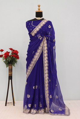 Dk Trendz Embroidered Bollywood Organza Saree(Blue)