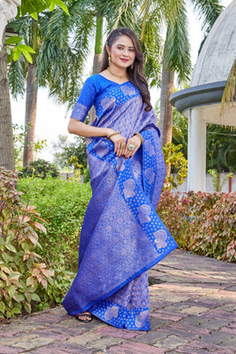 SATYAM WEAVES Woven Banarasi Jacquard Saree(Blue)