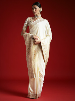 Sareemall Printed Banarasi Satin, Silk Blend Saree(White)