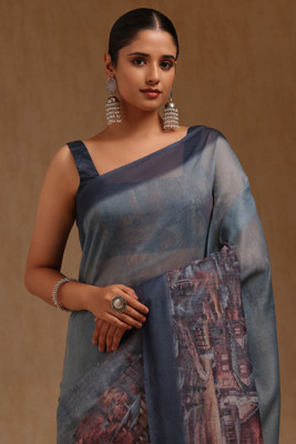 soch Digital Print Saree with Attached Blouse Chanderi Saree(Blue)