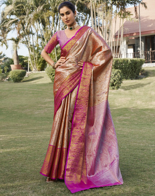 Tasrika Woven, Embellished Kanjivaram Silk Blend Saree(Silver, Orange)