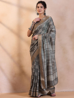 House of Pataudi Printed Chinnalapattu Silk Blend Saree(Grey)
