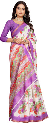 G GAJAL INTERNATIONAL Printed Kanjivaram Pure Cotton, Cotton Linen Saree(White, Purple)