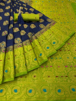 KanjiQueen Woven Kanjivaram Silk Blend, Pure Silk Saree(Dark Blue, Green)