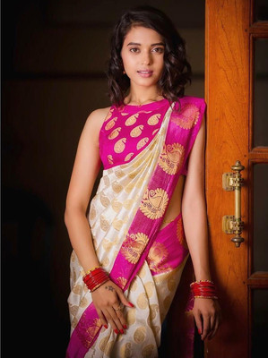 Anjaneya Sarees Woven Banarasi Silk Blend Saree(Cream)