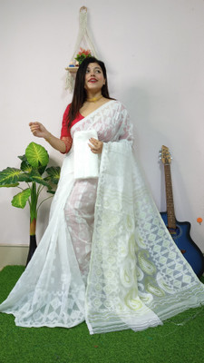 mahuya saree center Woven Jamdani Jacquard Saree(White)