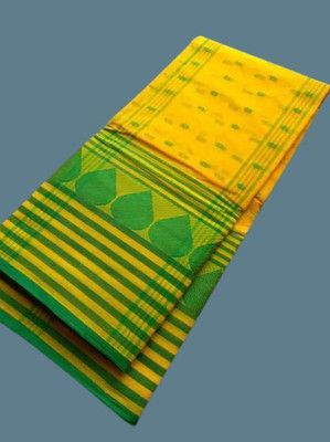 Dutta Self Design Tant Pure Cotton Saree(Yellow, Green)