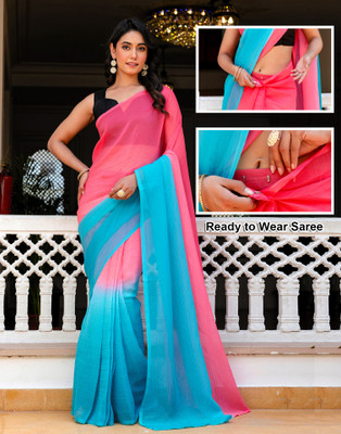 Samah Ombre, Solid/Plain Bollywood Chiffon, Georgette Saree(Blue, Pink)