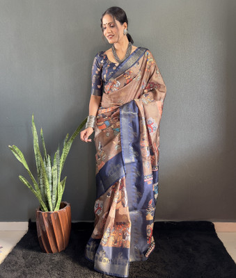 KRISHU ETHNICS Printed Kalamkari Art Silk Saree(Brown)