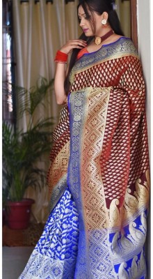 hathdora creation Woven Kanjivaram Jacquard Saree(Brown)