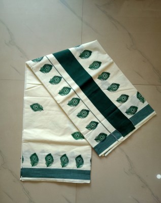 Kuthampully Floral Print Handloom Pure Cotton Saree(Green)