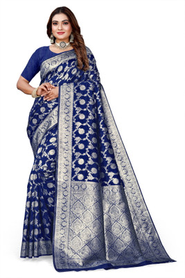 Owlsky Woven, Floral Print Kanjivaram Pure Silk, Art Silk Saree(Dark Blue)