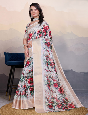 pari creation Printed Banarasi Georgette Saree(Cream)