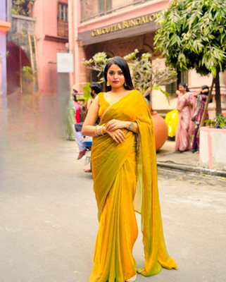 Moda Rapido Embroidered Bollywood Chiffon Saree(Mustard)