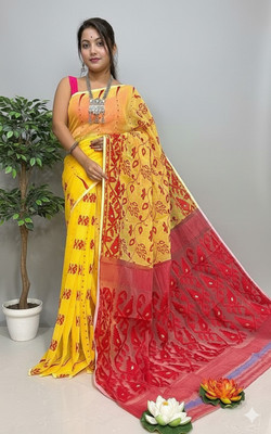 TUYA Woven Jamdani Cotton Silk Saree(Yellow)