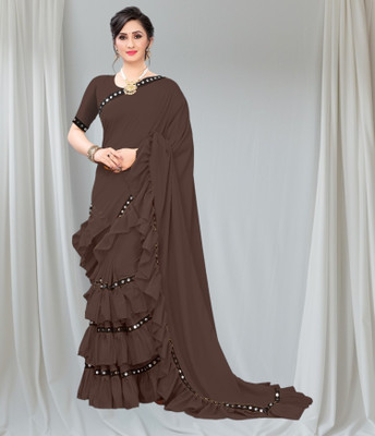 mahibhag Solid/Plain, Embroidered Bollywood Lycra Blend Saree(Brown)