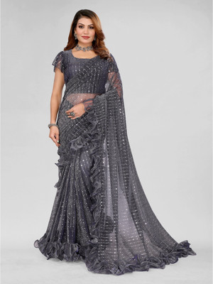 AKFABRICS Self Design Bollywood Net Saree(Dark Blue)