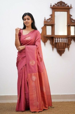 Bansari Textiles Embellished, Applique, Self Design, Woven Kanjivaram Cotton Silk, Jacquard Saree(Pink)