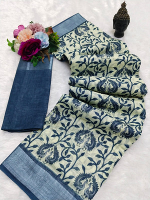 HouseOfCommon Printed Kanjivaram Pure Cotton, Cotton Silk Saree(White, Blue)