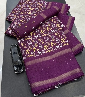 Ridham Printed Kalamkari Silk Blend Saree(Purple)