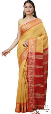 Ruuprekha Solid/Plain Handloom Cotton Blend Saree(Yellow)
