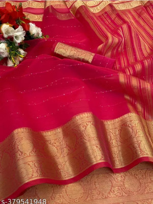 Banaras silk palace Striped Banarasi Organza Saree(Red)