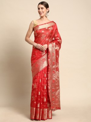 Blissta Woven Kanjivaram Organza Saree(Red)