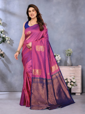 StyleDeal Floral Print, Woven Banarasi Jacquard Saree(Pink)