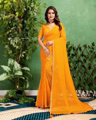 Silkra Striped, Embellished, Printed, Woven, Self Design Leheria Georgette, Silk Blend Saree(Yellow)