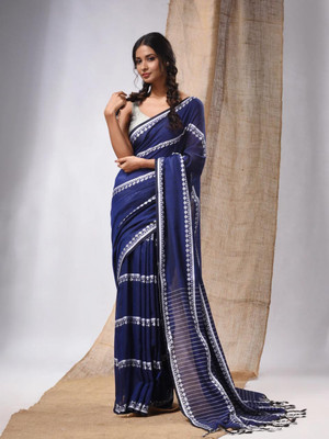 Ghosh handloom Self Design Jamdani Pure Cotton Saree(Black)