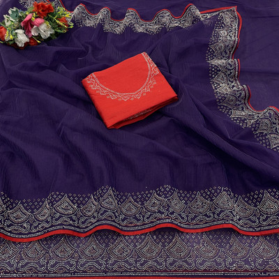 HouseOfCommon Embellished, Solid/Plain Bollywood Supernet Saree(Purple)