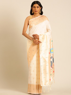 Tasrika Woven Paithani Pure Silk Saree(White)