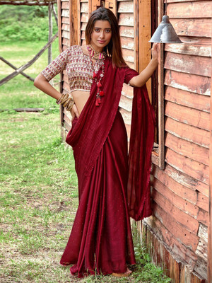 ANOUK Solid/Plain Daily Wear Polyester Saree(Red)