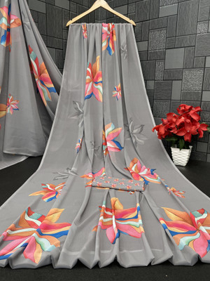 Pemal Designer Floral Print, Printed Bollywood Georgette Saree(Grey)