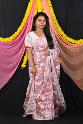 Ahana Textile Self Design, Floral Print Jamdani Cotton Blend Saree(Cream)
