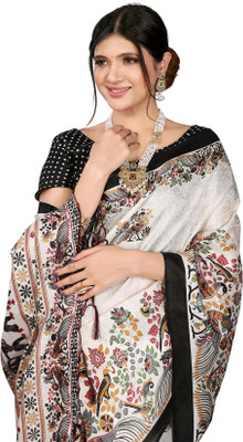 Priyashi Floral Print Bollywood Art Silk Saree(Black)