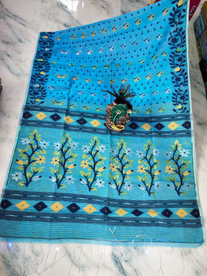 Damudar sarees Self Design Jamdani Cotton Blend Saree(Blue)