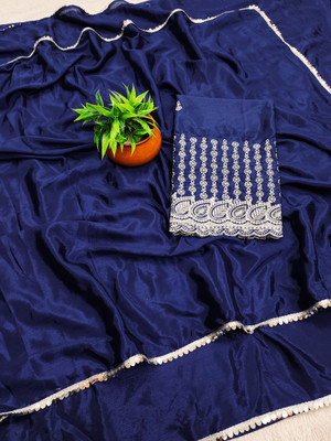 MAYRAAFASHION Embellished, Embroidered, Solid/Plain Bollywood Georgette Saree(Dark Blue)