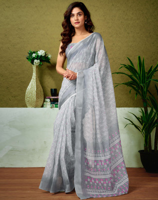Divastri Floral Print, Printed, Embellished Bollywood Linen Saree(Grey, White)