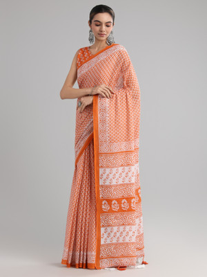 Sareemall Printed Ikkat Cotton Blend Saree(Orange)