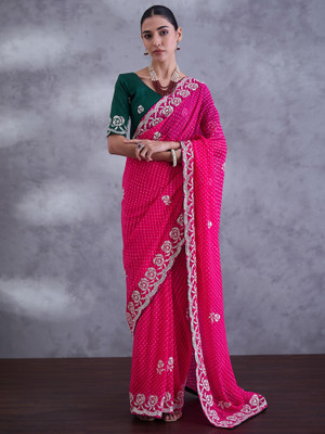 Tasrika Embroidered Bandhani Georgette Saree(Pink)