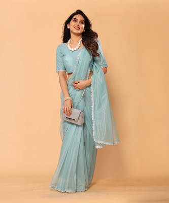 DWINIZAA STORE Solid/Plain, Woven Bollywood Net Saree(Blue)