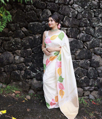 WOMENELEGENCE Embellished Banarasi Pure Silk Saree(White)