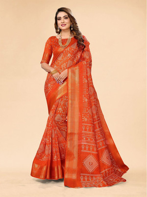 Moda Rapido Printed Bollywood Cotton Blend Saree(Orange)