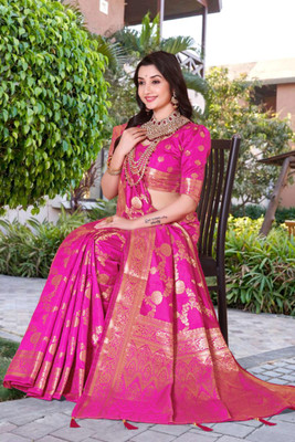 Wovenza Woven Bollywood Silk Blend Saree(Pink)