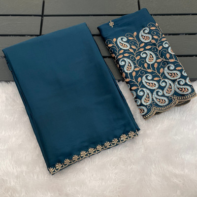 KONICA FAB Solid/Plain, Embellished Bollywood Satin Saree(Dark Blue)