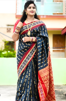 Sijileen Solid/Plain, Temple Border Sambalpuri Silk Blend Saree(Black)